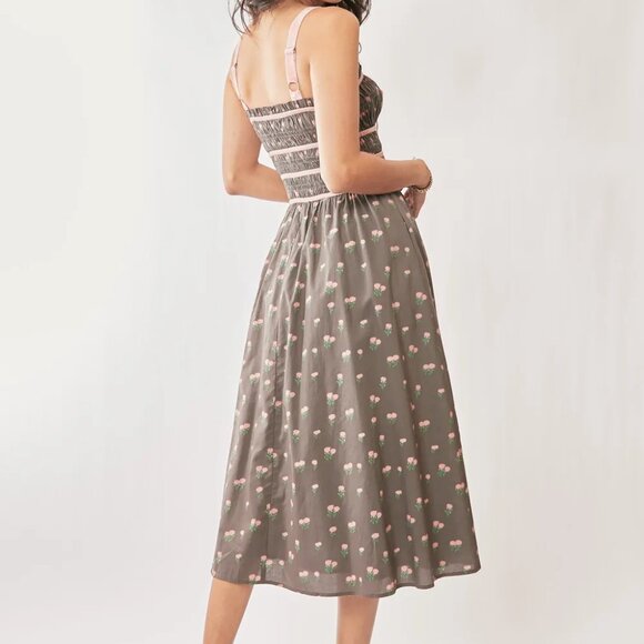 Davi & Dani Contrast Velvet Tape‎ Smocking Bodice Midi Dress - Picture 3 of 11